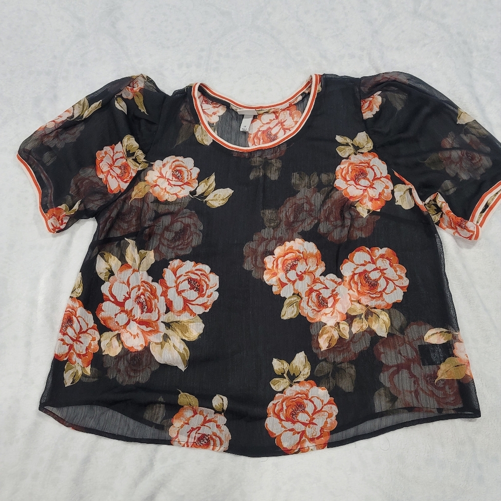Floral Women's Black Floral Sheer Puff Sleeve Ringer Top By A New Day Sz. 1X
